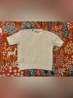 Mango Open Weave Short Sleeve Knit in Cream